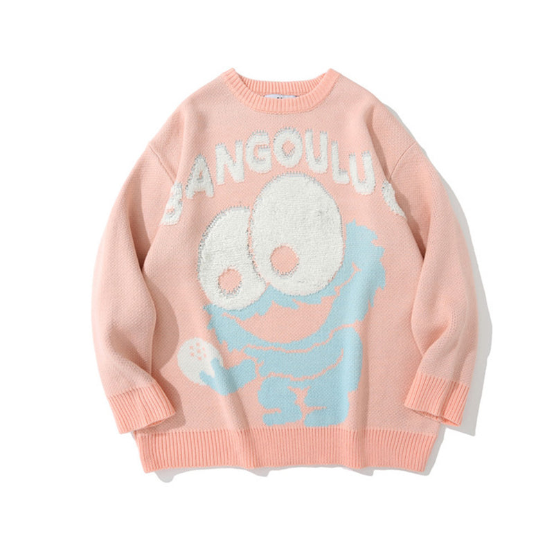 Men Sweater Cartoon Fun Spoof Brocade Sweater Men's Loose round Neck Sweater