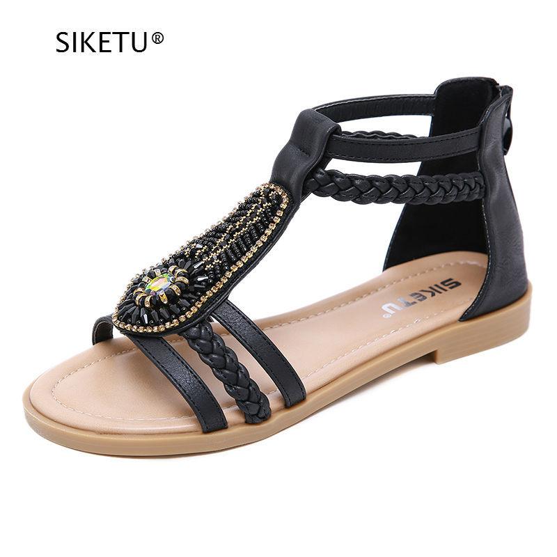 Fancy Sandals Summer Bohemia Vintage Beaded Zipper Rhinestone Roman Sandals