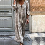 Gypsy Style Dresses Casual Printed V-neck Lace-up Long Sleeve