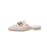 Finn Chain Pointed Toe Mule Rhinestone Bow Ferrule Half Slippers Faux Leather Women's Shoes