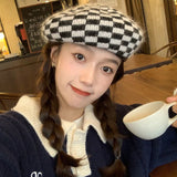 Vintage Check Bucket Hat Chessboard Knitted Beret
