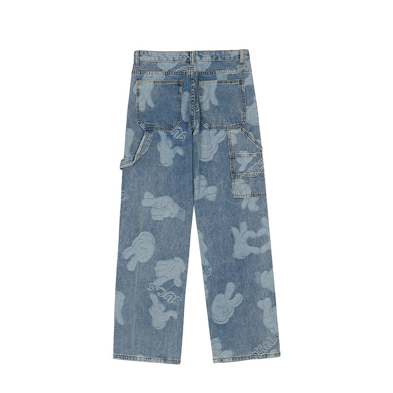 Man Fall Outfits Hip Hop Retro Loose Casual Wide Printed Straight Jeans for Men and Women