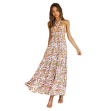 Gypsy Girl Outfits Backless Lace Up Halter Large Swing Skirt Printed Hollow Out