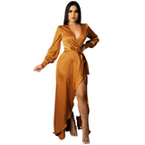 Kendall Jenner Wedding Guest Dress Fashion Sexy Solid Color Women's Deep V Tied Long Sleeves Split Bohemian