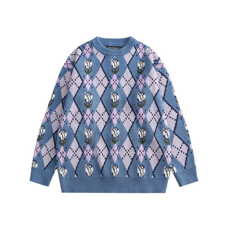 Men Sweater Rhombus Contrasting Color Jacquard Knitwear Men 'S Trendy Brand Pullover
