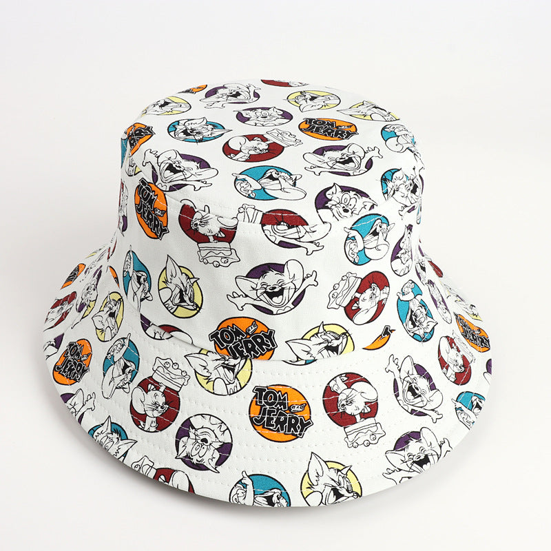 Bucket Hat Fishing Cap Cotton Print Fisherman Hat Cat and Mouse Cartoon Printed Sun Hat