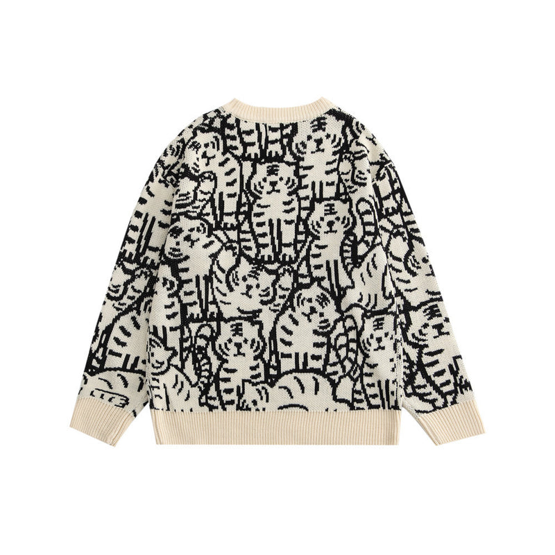 Men Sweater Cat Pattern Jacquard Knitwear Men Street Loose round Neck Sweater