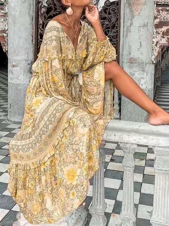 Gypsy Girl Outfits Sexy V-neck Printed Long Sleeve Bohemian Style Large Swing Dress for Women