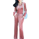 Velour Tracksuit Hooded Short Jacket High Waist Drooping Wide Leg Pants Two-Piece Set