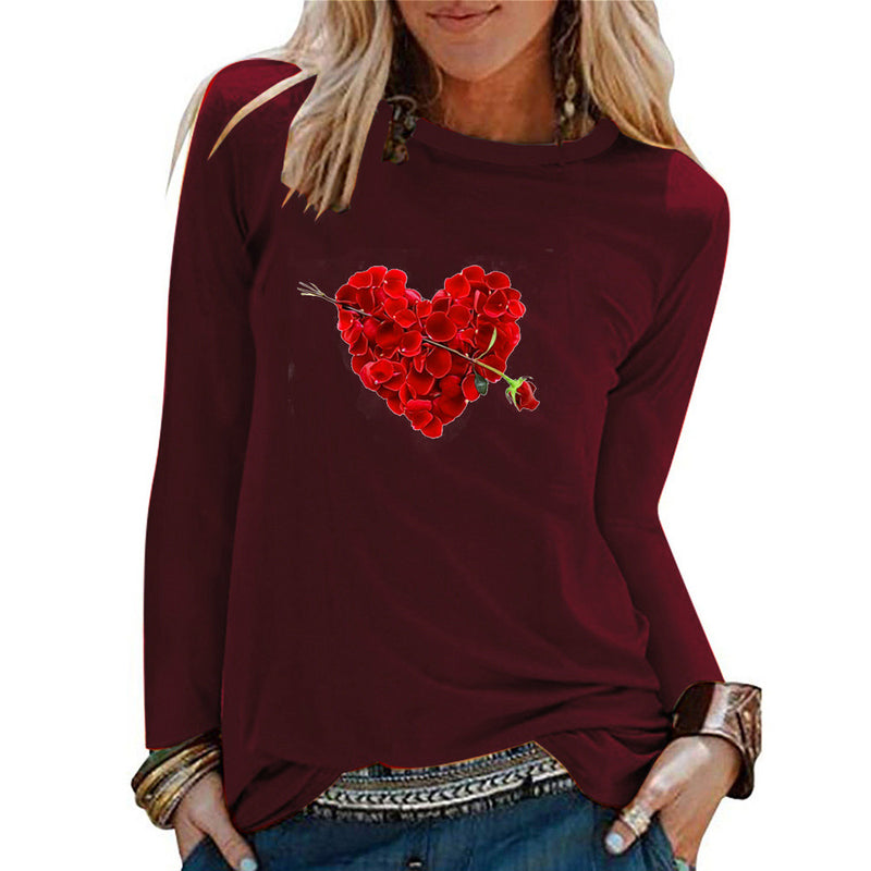 Valentine's Day T Shirt Solid Color Long Sleeve Autumn Long Sleeve Rose Petals Love Heart