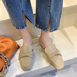 Finn Chain Pointed Toe Mule Closed Toe Half Slippers Women's Summer Outdoor Casual Square Toe Flat Bottom Lazy Half Slippers