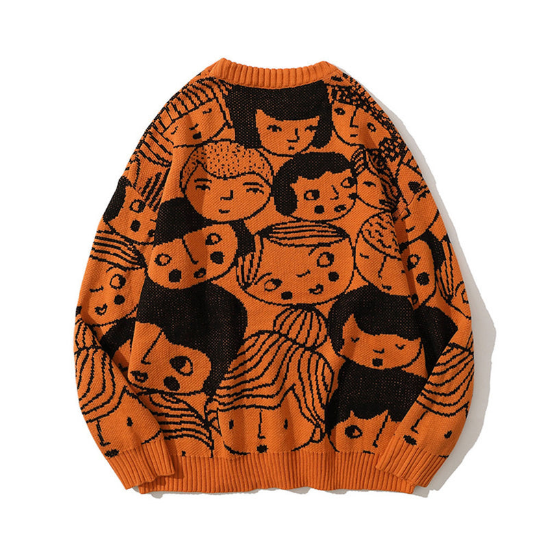 Men Sweater Cartoon Jacquard round Neck Sweater Men Harajuku Style Trendy Brand round Neck Sweater Autumn
