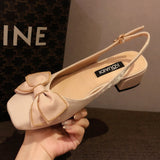 Nude Low Block Heel Chunky Heel Square Toe Bow