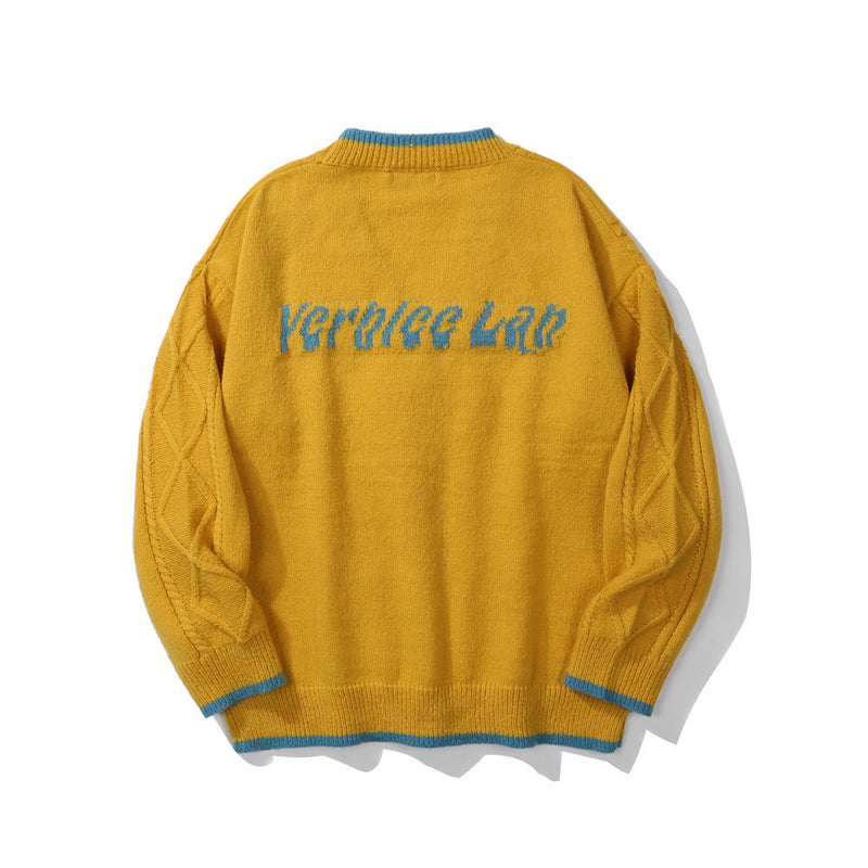 Men Sweater Back Letter Jacquard Cardigan Sweater Men's Collar Sweater Coat