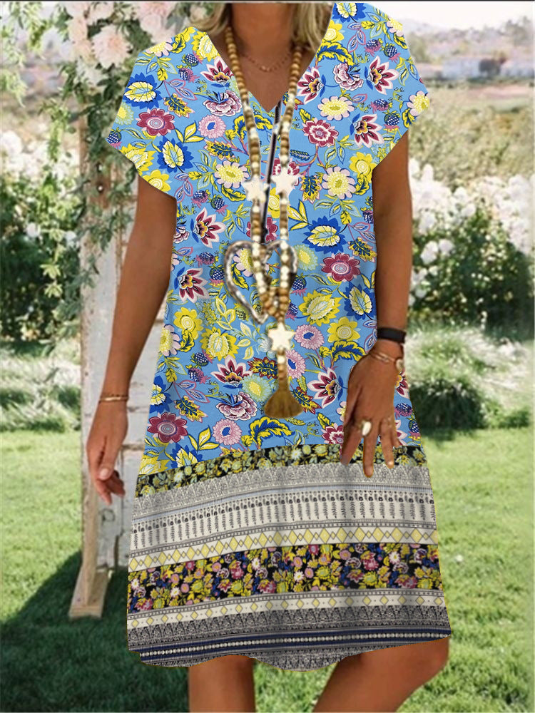 Gypsy Style Dresses Pastoral Floral Print Loose V-neck
