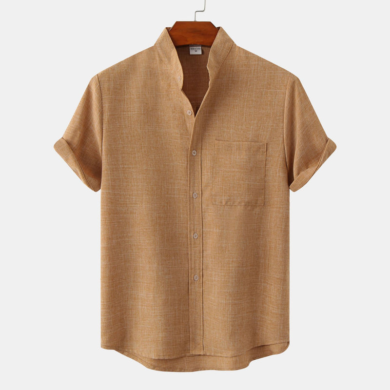 Camp Collar Shirt Short Sleeve Solid Color Cotton and Linen Shirt