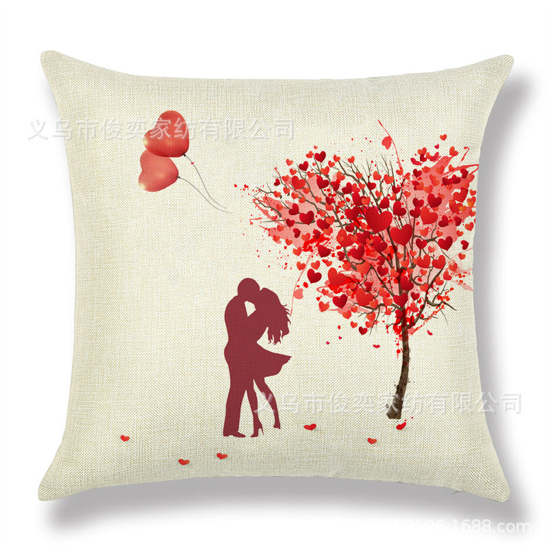 Valentine's Day Pillow Covers 4 Piece Random Styles Together, Red Peach Heart Couple Linen Cushion Love Tree Lumbar Cushion Cover