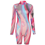 Summer New Women's Fashion Sexy High Waist Sheath Mesh Floral Print Tight Sports Jumpsuit