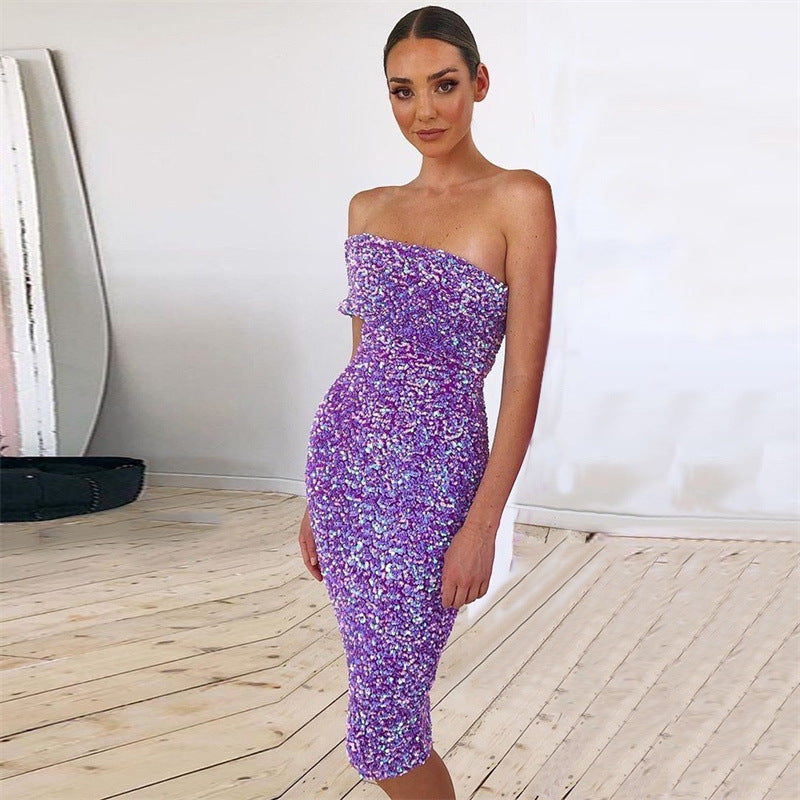 Mauve Dress Bridesmaid Fashion Purple Sexy One-Shoulder Casual Tights Women Sequins