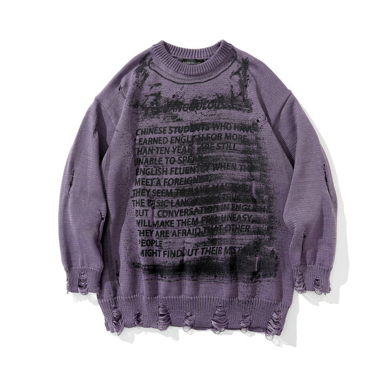 Men Sweater Dark Letter Print Loose round Neck Pullover Sweater