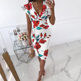 Kendall Jenner Wedding Guest Dress Sexy Ruffles Flying Sleeves Printed V-neck Slim Fit