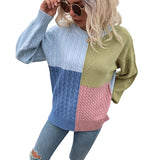 Women Pullover Knit Sweater Contrast Color Sweater Female Autumn and Winter Lantern Sleeve Sweater