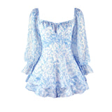 Coachella Music Festival Outfits Floral Women's Sexy Backless Square Collar Long Sleeve Shorts