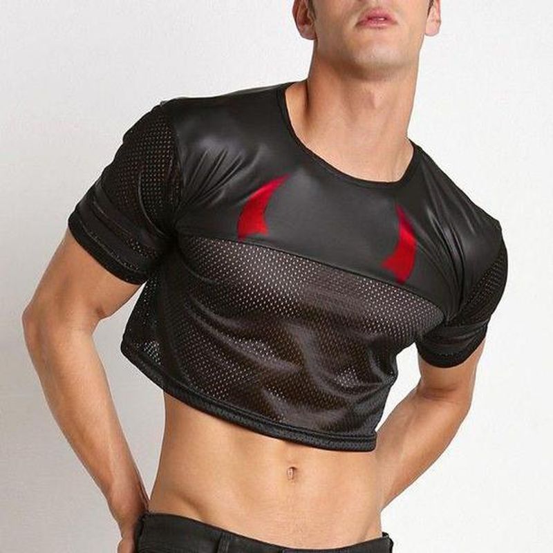 Rave Outfits Men T Shirt Personality Stitching Mesh Top Short Exposed Navel