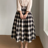 MIDI Mauve Skirt Autumn Stitching Skirt Elastic Waist Loose Casual Plaid A- line Dress