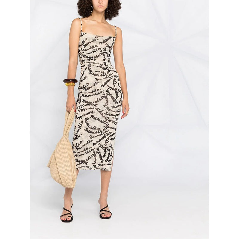 Kendall Jenner Wedding Guest Dress Letter Logo Printed Sling Slim Waist Elastic