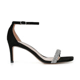 Nude Low Block Heel Square Toe Rhinestone Buckle Stiletto Heel