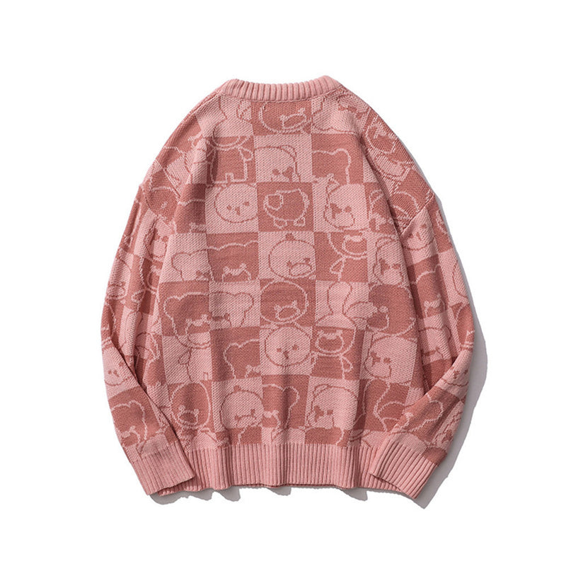 Men Sweater Cartoon Jacquard Plaid Sweater Men 'S Pullover