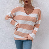 Women Pullover Knit Sweater Autumn and Winter Striped Stitching Sweater for Women