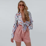 Coachella Music Festival Outfits Spring/Summer Lapel Long Sleeve Shirt Chiffon Print Casual Loose Top