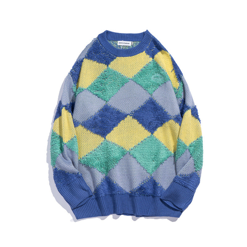 Man Fall Outfits Rainbow Striped Bear Embroidered Sweater Men's Loose Sweater
