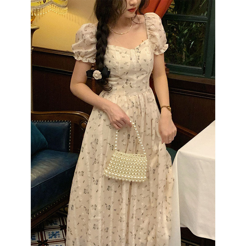 Regency Dress Square Collar Floral High Waist Tight Waist Slimming Skirt