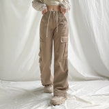 Julia Fox Low Rise Jeans Hip Hop Style Lace-up Straight Multi-Pocket Casual Jeans Hot Girl Slimming Low Waist Overalls Trousers