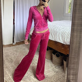 Velour Tracksuit Sports Two-Piece Set Solid Color Velvet Zipper Hooded Jacket Casual Suit