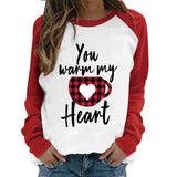 Valentine's Day T Shirt Long Sleeve Women's You Warm My Heart Heart Printing Raglan Long Sleeve T-shirt