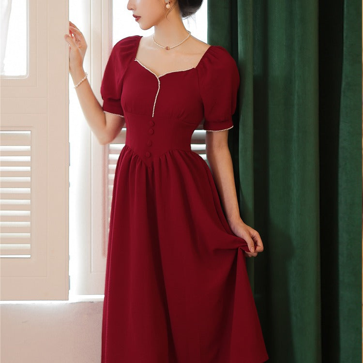 Coachella Music Festival Outfits Women's Retro Red Slim Slimming Short Sleeve Square Collar Dress