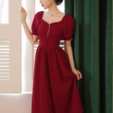 Coachella Music Festival Outfits Women's Retro Red Slim Slimming Short Sleeve Square Collar Dress
