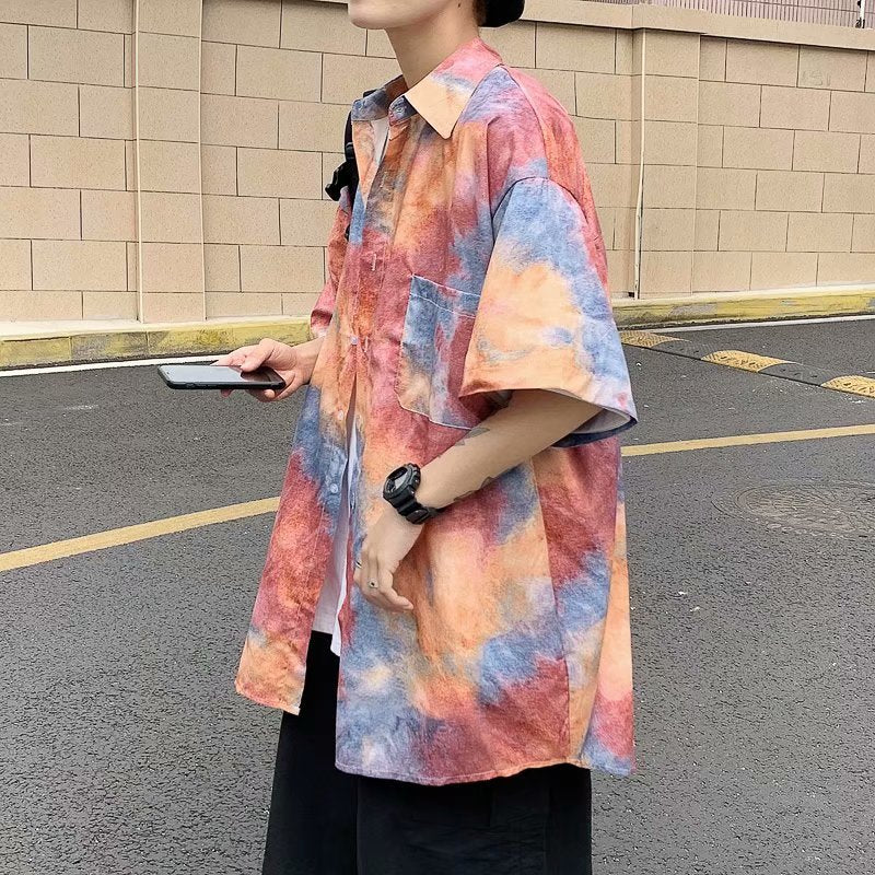 Men Shirts Tie-Dyed American Short-Sleeved Shirt