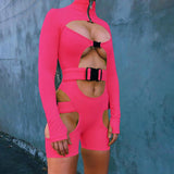 Fall Women's Clothing Sexy Cutout Sheath Tight Fluorescent Color Long Sleeve Sports One-Piece Shorts