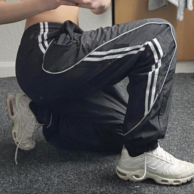 Julia Fox Low Rise Jeans Side Split Contrast Color Stripe Design Casual Sports Pants Low Waist All-Match Hip Hop Woven Trouser