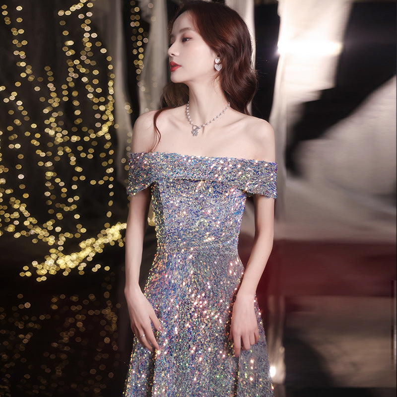 Mauve Dress Bridesmaid Purple Sequined Gown Women Performance Costume Evening Dress