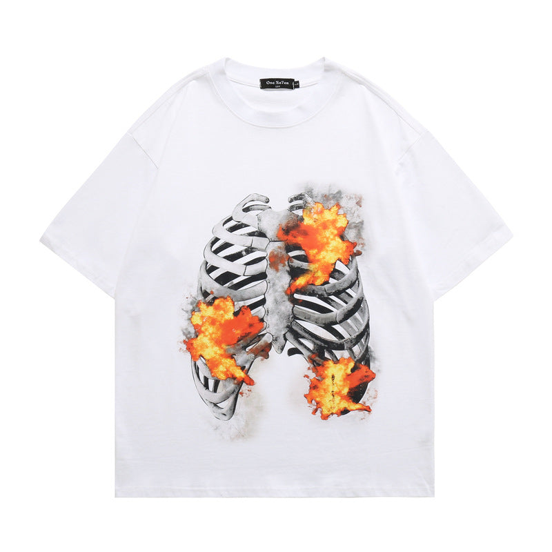 Skull T Shirt Flame Bone Skeleton Loose