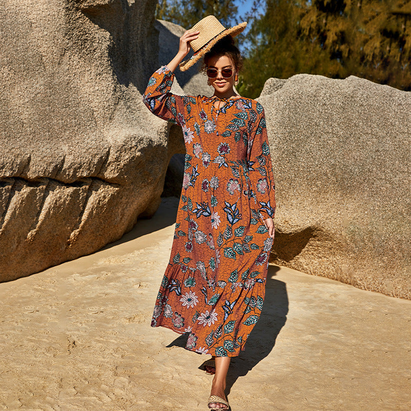 Coachella Music Festival Outfits Fashion Early Spring Printed Dress Casual Long Sleeve Loose