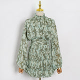 Coachella Music Festival Outfits Chiffon Skirt Single Row Buckle Pleated Patchwork Puff Sleeve Sheath