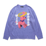 Men Sweater Cartoon Print Ripped Sweater Men's Loose round Neck Knitted