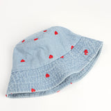 Denim Bucket Hat Fishing Cap Cotton Print Fisherman Hat Red Love Heart Embroidery Vintage Fashion